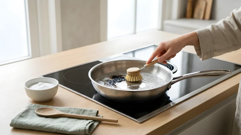 Rvs kookpan met aangekoekte bodem die wordt gereinigd met baking soda en een zachte borstel