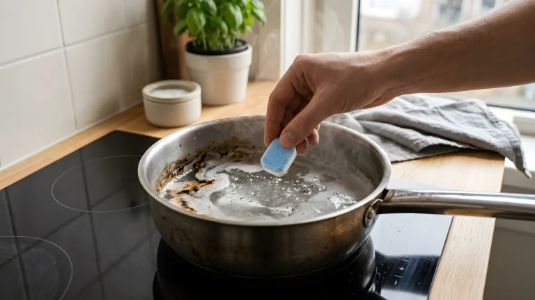 Aangekoekte roestvrijstalen pan die schoonweekt met heet water en een vaatwastablet