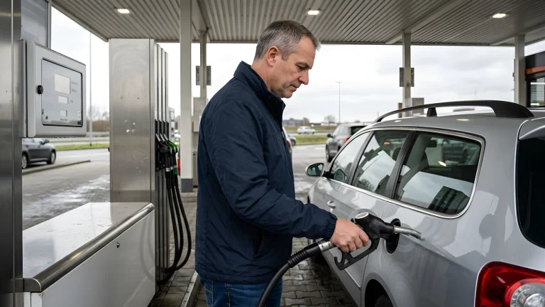 Brandstofpistool bij een Nederlands tankstation tijdens het tanken
