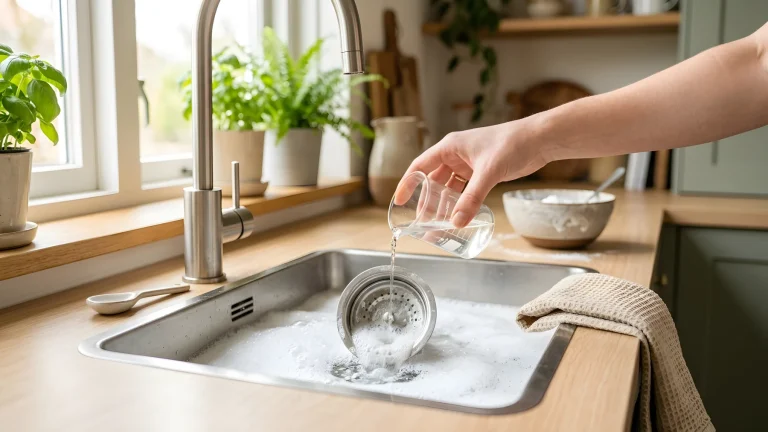 Bruisende baking soda en azijn in een roestvrijstalen gootsteenafvoer