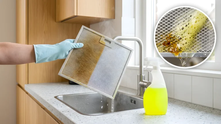 Vettig metalen afzuigkapfilter wordt ingespoten met gele Dasty ontvetter