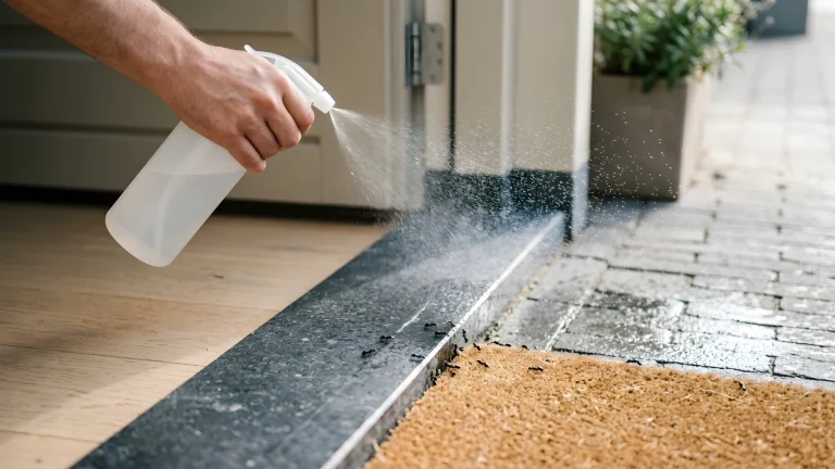 Een fles schoonmaakazijn en een plantenspuit op een aanrecht