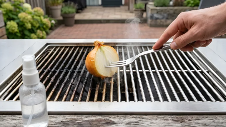 Barbecuerooster schoonmaken met azijn en een halve ui voor het grillen