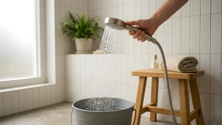 Waterbesparende douchekop met fijne waterstralen in een moderne badkamer