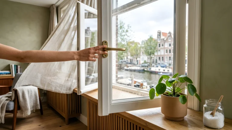Condensatievocht en waterdruppels op een koud raamkozijn in de woonkamer