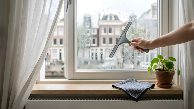 Condensatievocht op een slaapkamerraam met waterdruppels langs het kozijn