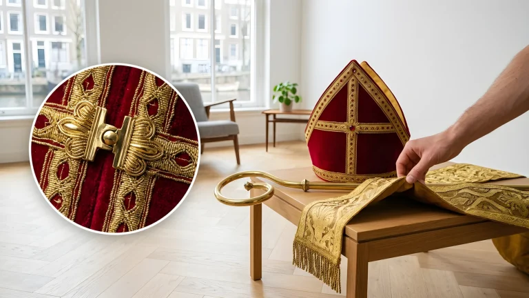 Mijter en staf van Sinterklaas op een houten tafel
