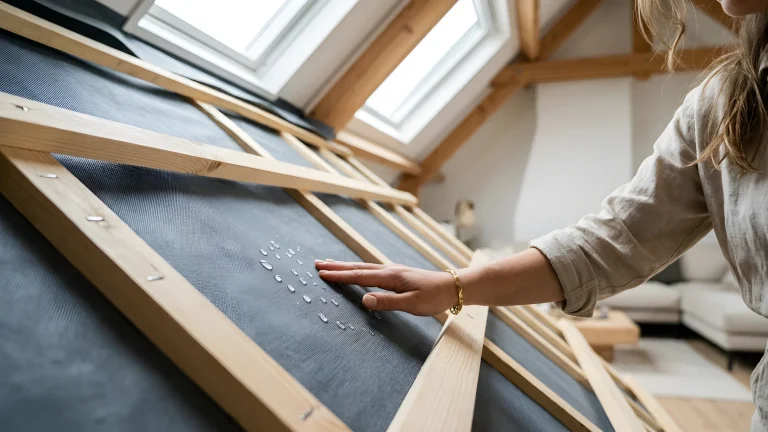 Bouwer bevestigt dampopen folie op een houten dakconstructie