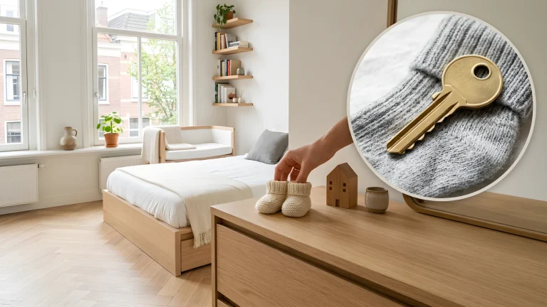 Jong stel aan de keukentafel met een laptop en een babybedje op de achtergrond