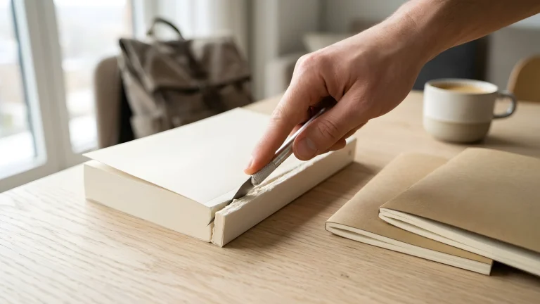 Een dikke paperback geopend om in meerdere delen te snijden