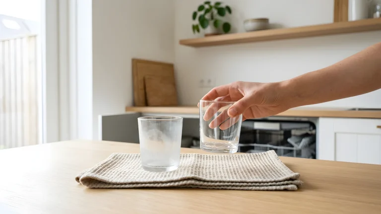Schone glanzende drinkglazen naast een geopende vaatwasser in een keuken