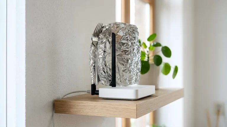 Een vork gewikkeld in aluminiumfolie geplaatst bij een wifi-router