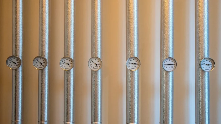 Industriële fabriek en leidingen van een warmtenet voor restwarmte