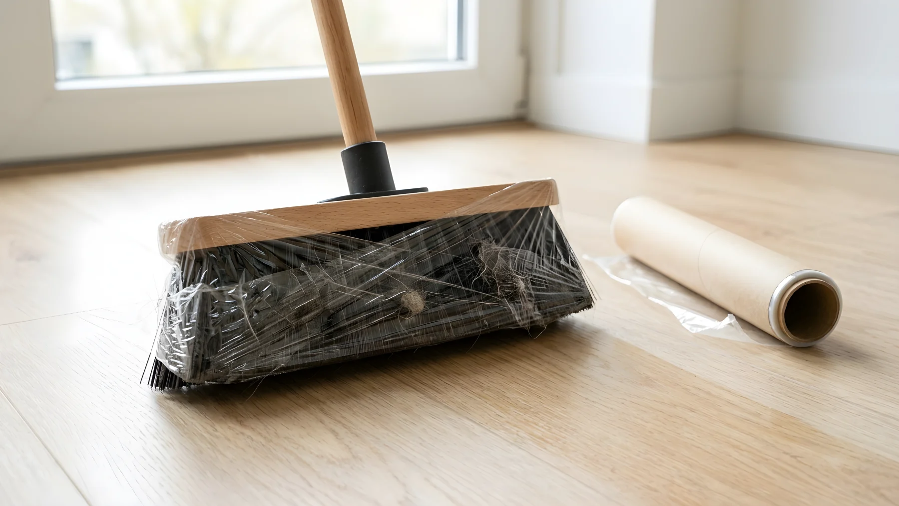 Bezem omwikkeld met huishoudfolie voor het vegen van stof en haren