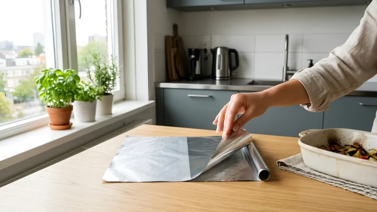 Rol aluminiumfolie met een duidelijke glimmende en doffe kant op een houten aanrecht