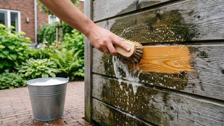 Houten schutting die wordt schoongemaakt met een borstel en groen zeepsop