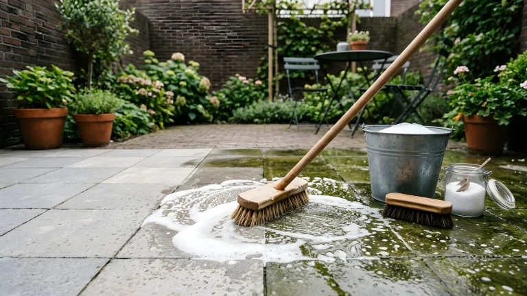 Groene aanslag verwijderen van tuintegels met een luiwagen en emmer sop
