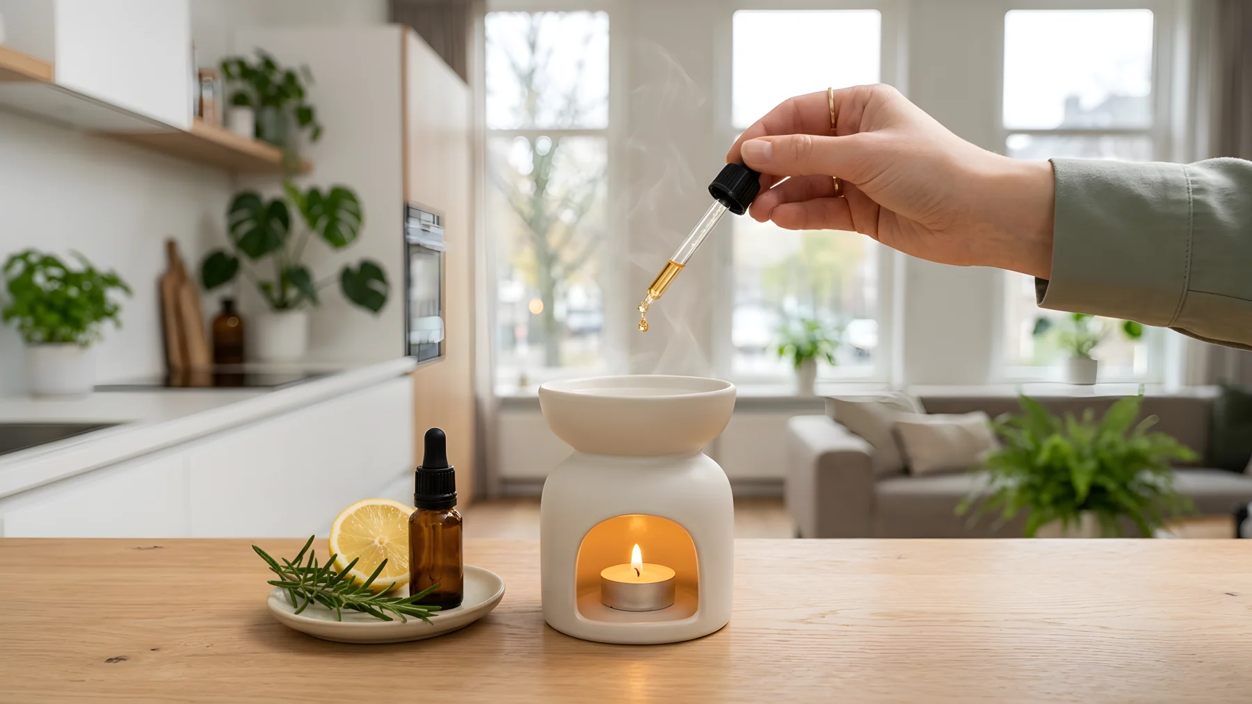 Keramische etherische olie brander met een brandend theelichtje en een flesje etherische olie op een keukenaanrecht