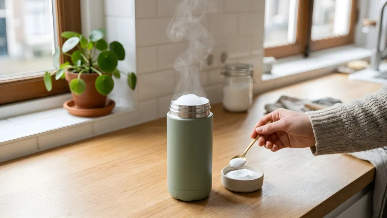 Rvs thermosfles van binnen gereinigd met baking soda en heet water