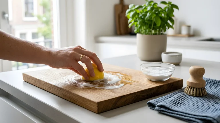 Houten snijplank bestrooid met baking soda en een halve citroen
