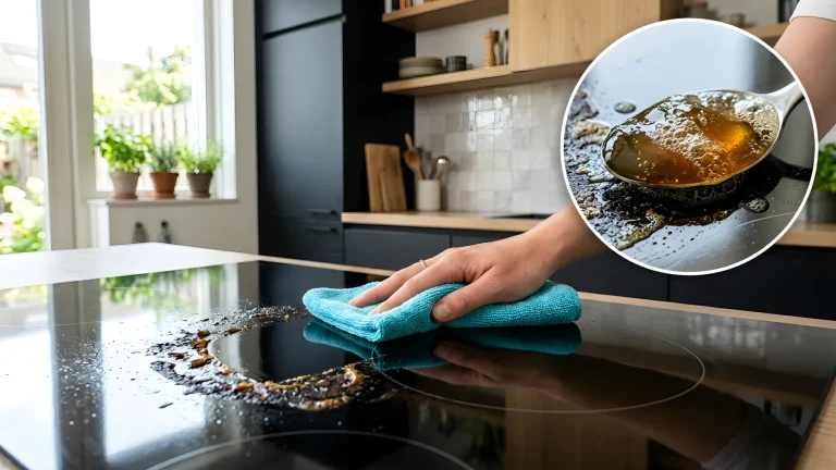 Schone glazen inductiekookplaat na het verwijderen van ingebrand vet