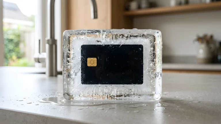 Creditcard ingevroren in een blok ijs als methode tegen impulsieve aankopen