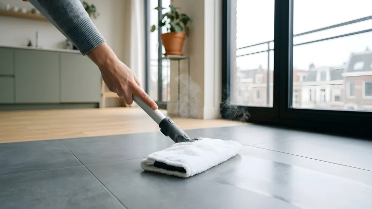 Kärcher SC 4 EasyFix stoomreiniger in gebruik op een donkere tegelvloer