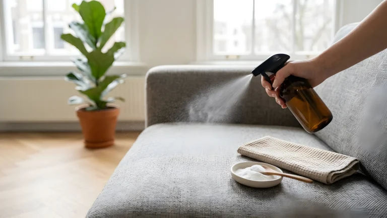 Stoffen bank kussen bestrooid met baking soda om nare urinegeuren te absorberen