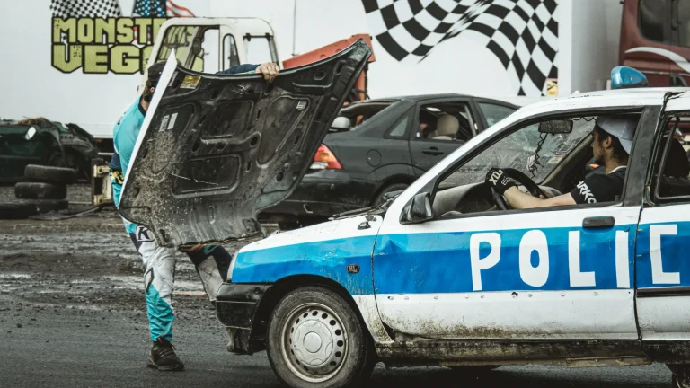 Beschadigde linker voorzijde van een Formule 1-auto na een crash op een stratencircuit