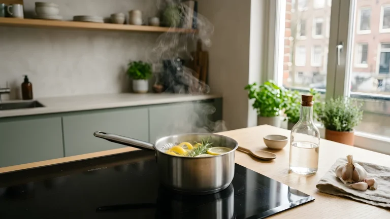 Een dampend pannetje met water, schijfjes citroen en azijn op het fornuis om kookgeuren te neutraliseren