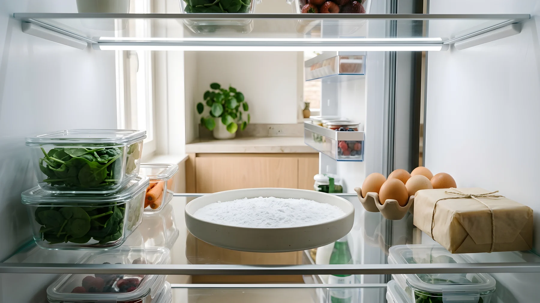 Een wit stenen schaaltje gevuld met baking soda op de middelste glasplaat van een koelkast