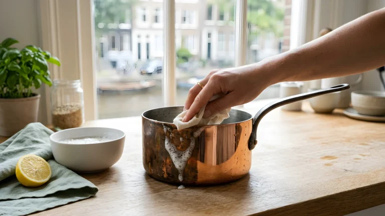 Een koperen pan die glimmend wordt gepoetst met citroen en baking soda