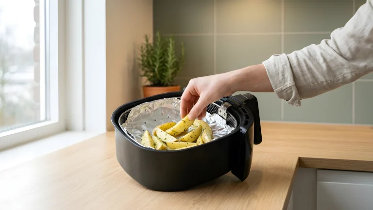Aluminiumfolie netjes op maat geknipt op de bodem van een zwarte airfryer mand
