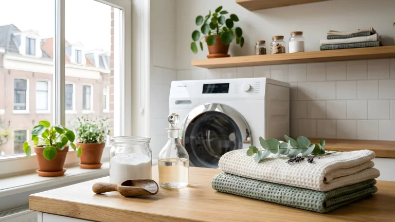 Vrouw haalt frisse, schone was uit de trommel van een wasmachine
