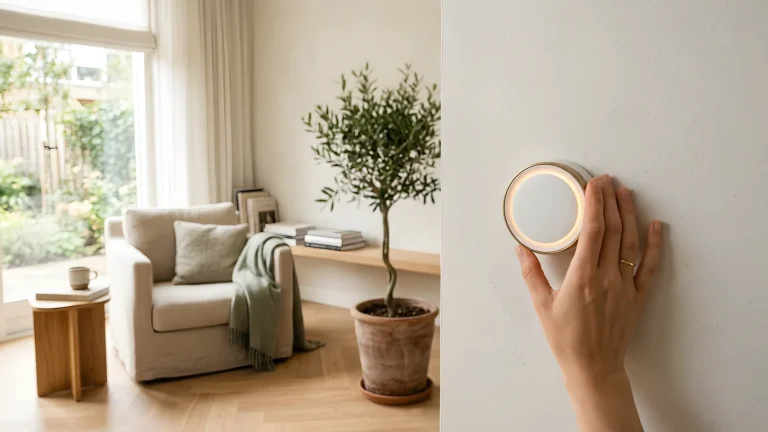Digitale slimme thermostaat aan de muur in een Nederlandse woonkamer