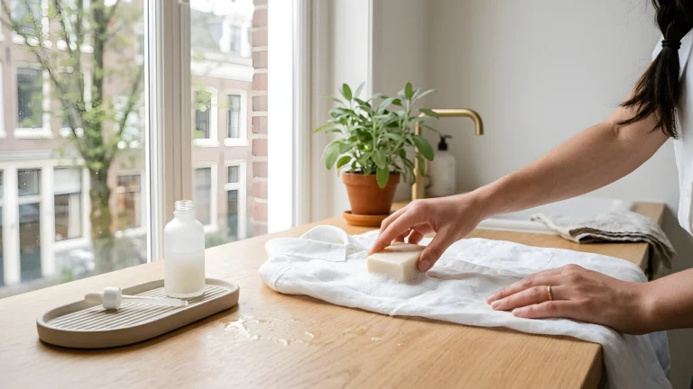 Vast blok ossengalzeep naast een fles vloeibare vlekverwijderaar op een houten wastafel