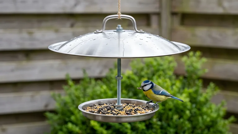 Een meesje eet vogelzaad uit een zelfgemaakte voederbak van twee pannendeksels