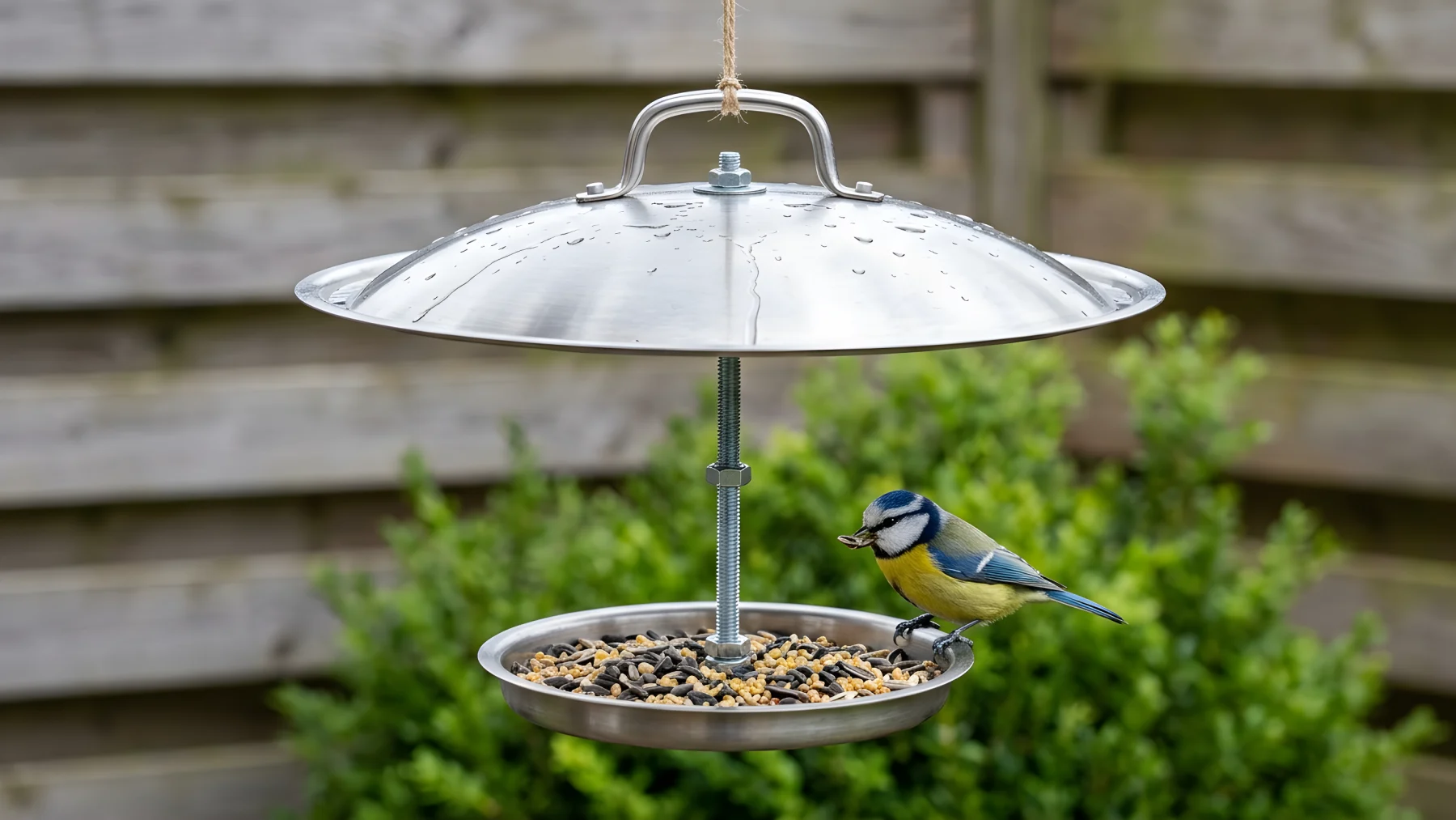 Een meesje eet vogelzaad uit een zelfgemaakte voederbak van twee pannendeksels