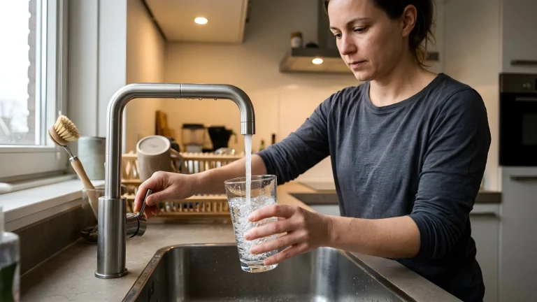 Glazen drinkwater onder een stromende keukenkraan