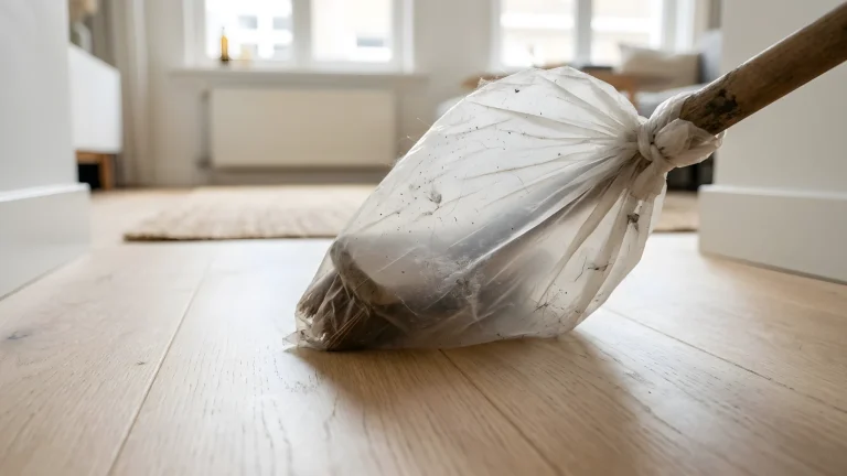 Bezem met een plastic zak eromheen geknoopt voor het vegen van vloeren