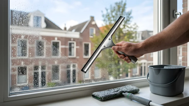 Professionele raamwisser en microvezel inwasser op een schoon raam