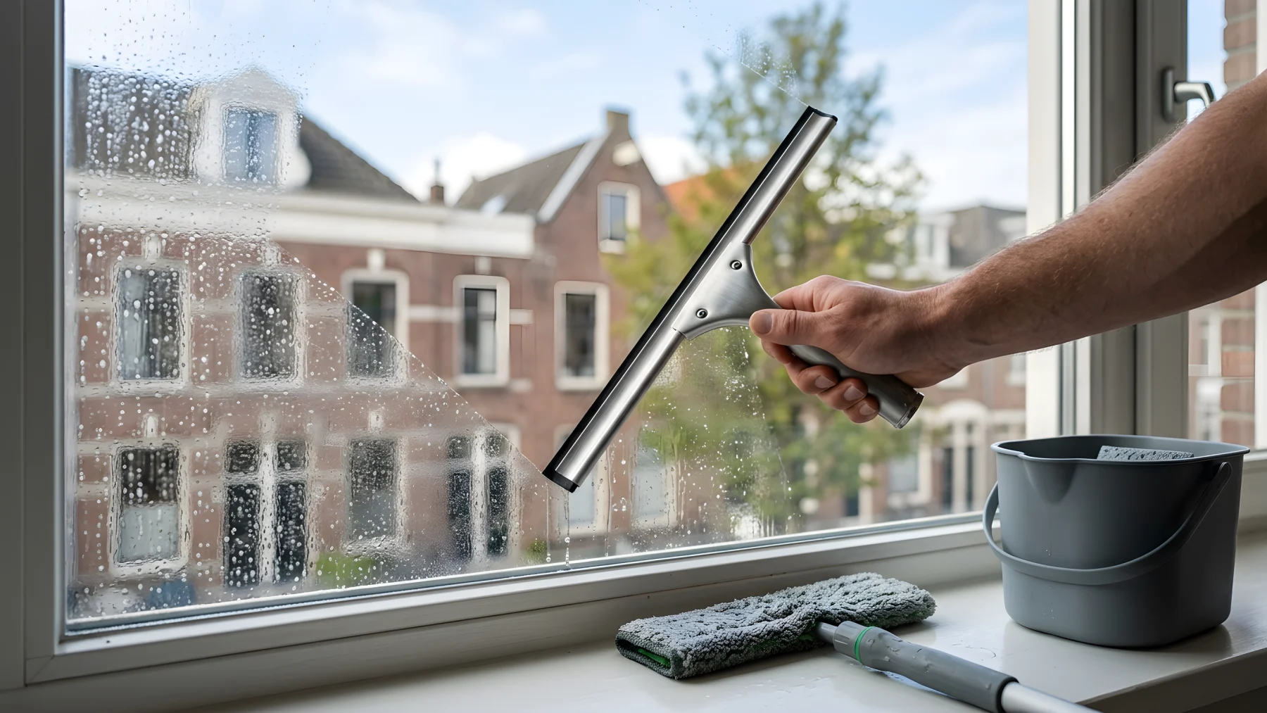 Professionele raamwisser en microvezel inwasser op een schoon raam
