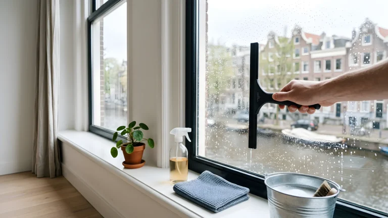 Emmer met water en spiritus naast een raamwisser op een vensterbank