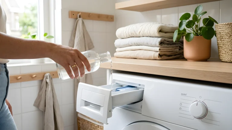 Kleding hangt te drogen aan een wasrek met een fles azijn op de voorgrond