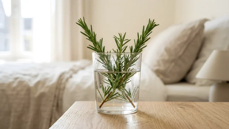 Glas water met verse takjes rozemarijn op een nachtkastje