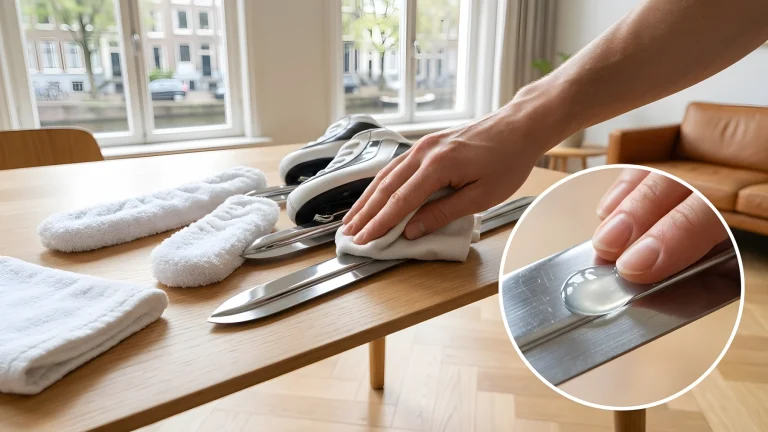 Onderhoud van schaatsijzers met een zachte katoenen doek en beschermende olie