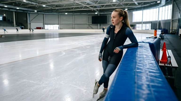 Pien Hersman in schaatspak op het ijs tijdens een sprintwedstrijd