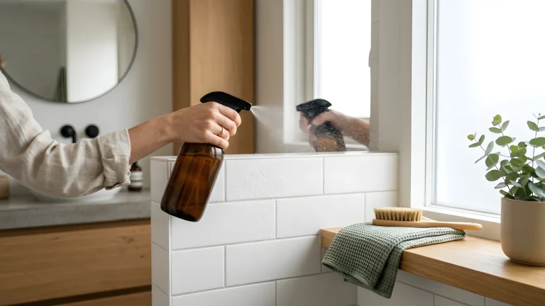 Bruin flesje waterstofperoxide 3 procent met een plantenspuit opzetstuk gericht op beschimmelde badkamervoegen