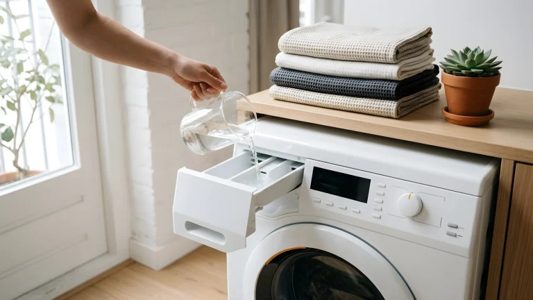 Witte azijn toevoegen aan het wasverzachterbakje van een wasmachine met donkere kleding