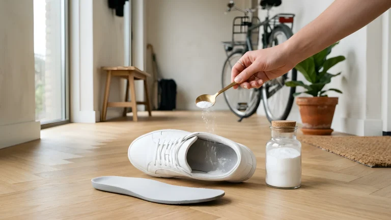 Sneakers gevuld met baking soda om nare geurtjes te verwijderen